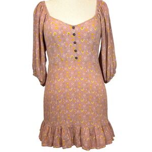 Dusty Pink Floral Mini Dress M Puff Sleeves Smocked Back Ruffle Hem Fairycore